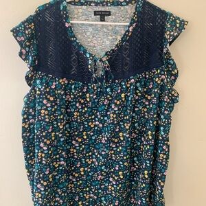 Lane Bryant Navy Floral Ruffle Lace Neck Tie Plus Size Blouse